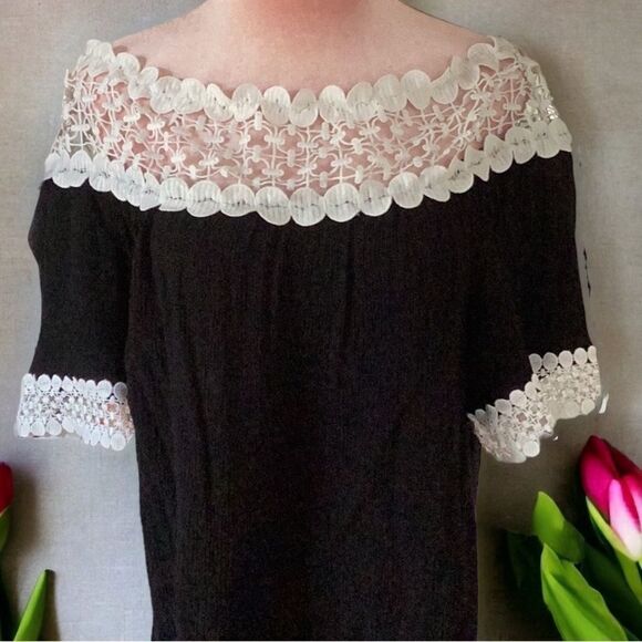 INC INTERNATIONAL CONCEPTS MEDIUM TOP BLOUSE OFF SHOULDER LACE DETAIL BLACK - Picture 6 of 7